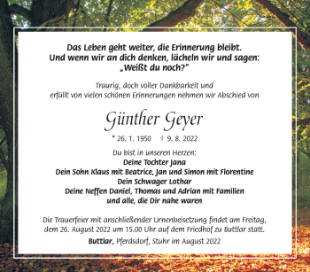 Traueranzeige von Günther Geyer von Südthüringer Presse