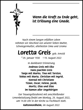 Traueranzeige von Loretta Greis von Südthüringer Presse
