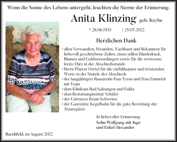 Traueranzeige von Anita Klinzing von Südthüringer Presse