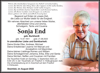 Traueranzeige von Sonja End von Südthüringer Presse