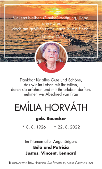 Traueranzeige von Emília Horváth von Südthüringer Presse