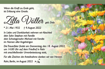 Traueranzeige von Zilla Völler von Südthüringer Presse