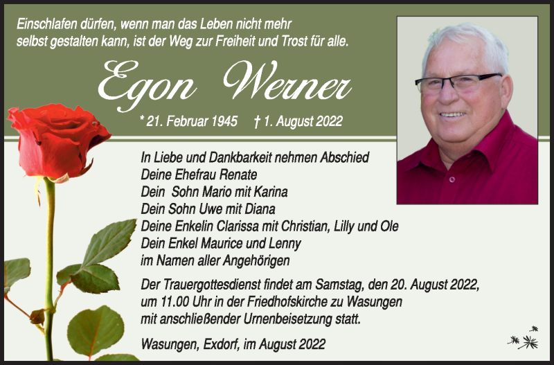  Traueranzeige für Egon Werner vom 13.08.2022 aus Südthüringer Presse