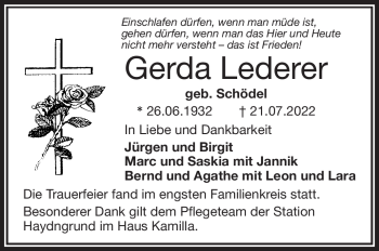 Traueranzeige von Gerda Lederer von Frankenpost