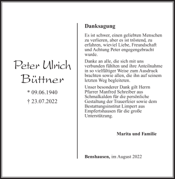 Traueranzeige von Peter Büttner von Südthüringer Presse