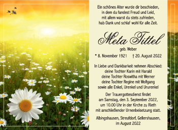 Traueranzeige von Meta Tittel von Südthüringer Presse
