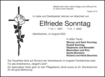 Traueranzeige von Elfriede Sonntag von Frankenpost