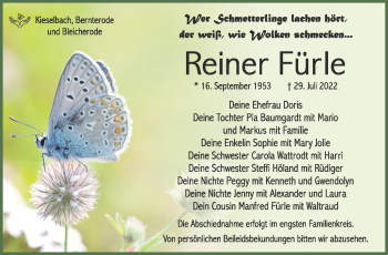 Traueranzeige von Reiner Fürle von Südthüringer Presse