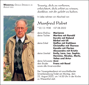Traueranzeige von Manfred Pabst von Südthüringer Presse