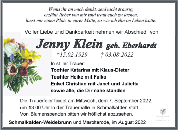 Traueranzeige von Jenny Klein von Südthüringer Presse
