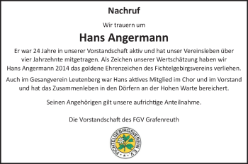 Traueranzeige von Hans Angermann von Frankenpost