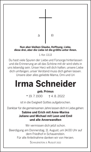 Traueranzeige von Irma Schneider von Frankenpost