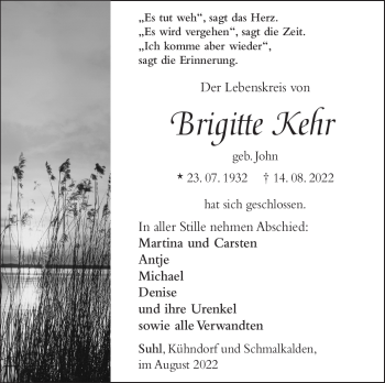 Traueranzeige von Brigitte Kehr von Südthüringer Presse