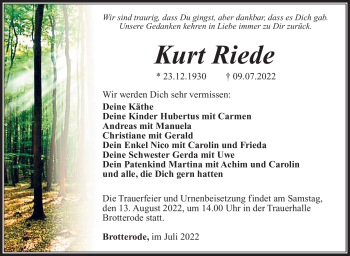 Traueranzeige von Kurt Riede von Südthüringer Presse