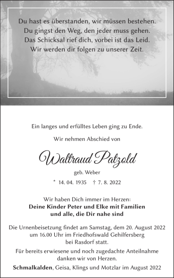 Traueranzeige von Waltraud Patzold von Südthüringer Presse