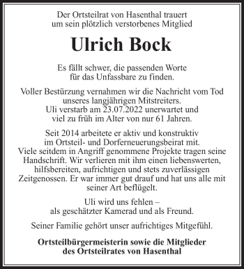 Traueranzeige von Ulrich Bock von Südthüringer Presse