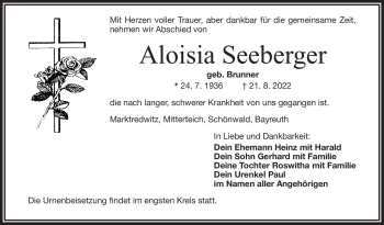 Traueranzeige von Aloisia Seeberger von Frankenpost