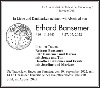 Traueranzeige von Erhard Bansemar von Südthüringer Presse