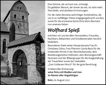 Traueranzeige von Wolfhard Spieß von Südthüringer Presse