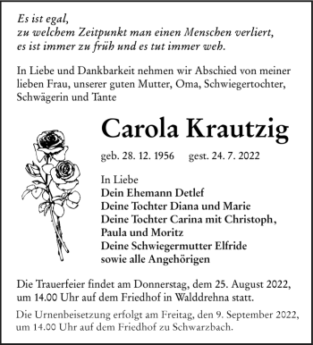 Traueranzeige von Carola Krautzig von Südthüringer Presse
