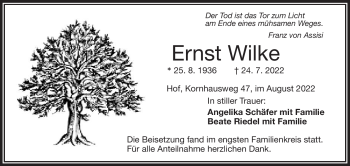 Traueranzeige von Ernst Wilke von Frankenpost