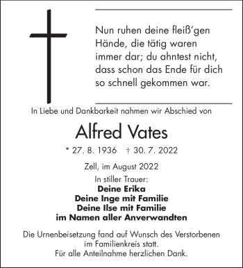 Traueranzeige von Alfred Vates von Frankenpost