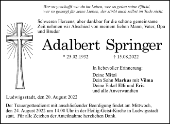 Traueranzeige von Adalbert Springer von Neue Presse Coburg
