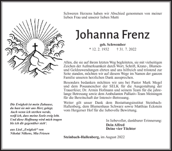 Traueranzeige von Johanna Frenz von Südthüringer Presse