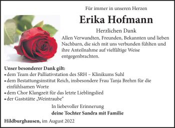 Traueranzeige von Erika Hofmann von Südthüringer Presse