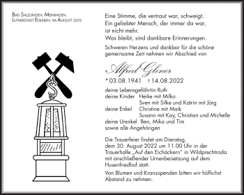 Traueranzeige von Alfred Glener von Südthüringer Presse