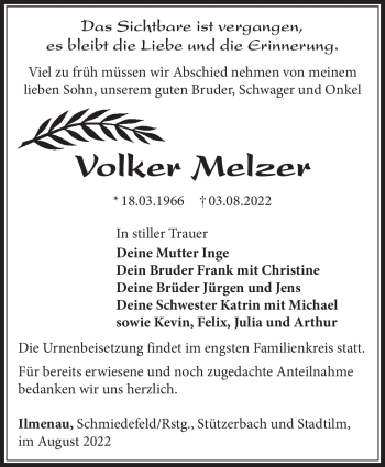 Traueranzeige von Volker Melzer von Südthüringer Presse