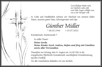 Traueranzeige von Günther Müller von Frankenpost