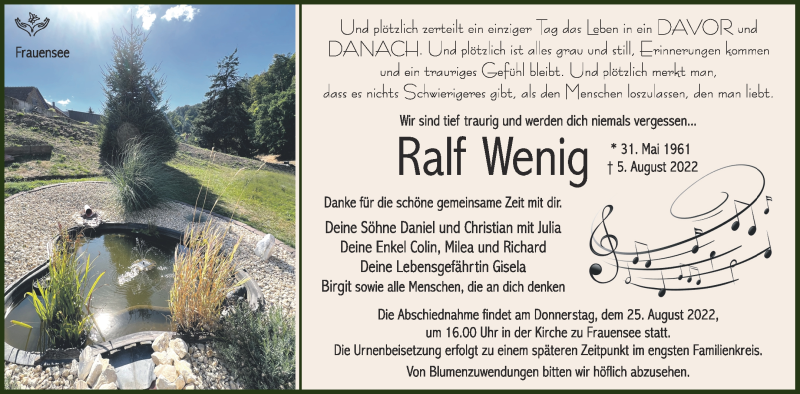  Traueranzeige für Ralf Wenig vom 20.08.2022 aus Südthüringer Presse