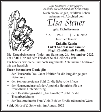 Traueranzeige von Elsa Steuer von Südthüringer Presse