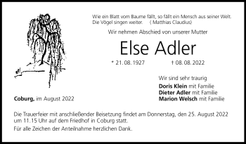 Traueranzeige von Else Adler von Neue Presse Coburg