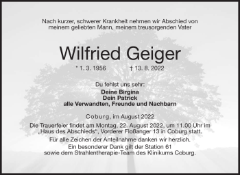 Traueranzeige von Wilfried Geiger von Neue Presse Coburg