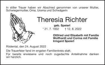 Traueranzeige von Theresia Richter von Neue Presse Coburg