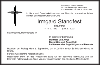 Traueranzeige von Irmgard Standfest von Frankenpost