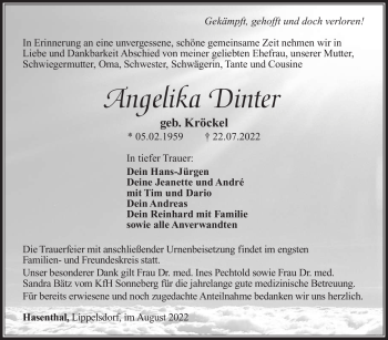 Traueranzeige von Angelika Dinter von Südthüringer Presse