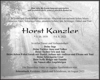Traueranzeige von Horst Kanzler von Südthüringer Presse