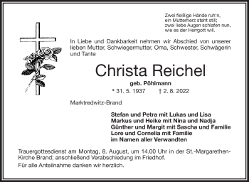 Traueranzeige von Christa Reichel von Frankenpost