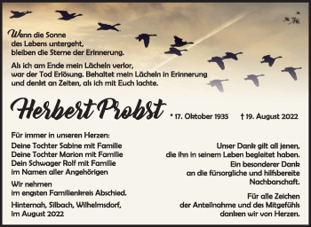 Traueranzeige von Herbert Probst von Südthüringer Presse