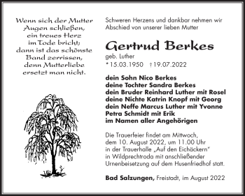 Traueranzeige von Gertrud Berkes von Südthüringer Presse