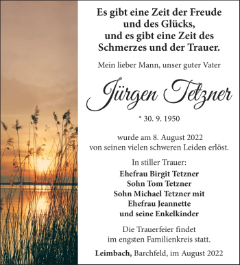 Traueranzeige von Jürgen Tetzner von Südthüringer Presse