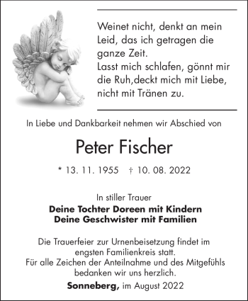 Traueranzeige von Peter Fischer von Südthüringer Presse