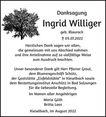 Traueranzeige von Ingrid Williger von Südthüringer Presse