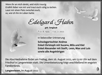 Traueranzeige von Edelgard Hahn von Südthüringer Presse