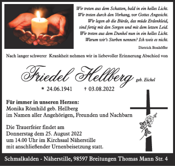 Traueranzeige von Friedel Hellberg von Südthüringer Presse