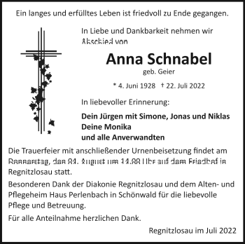 Traueranzeige von Anna Schnabel von Frankenpost