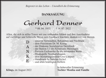 Traueranzeige von Gerhard Denner von Südthüringer Presse